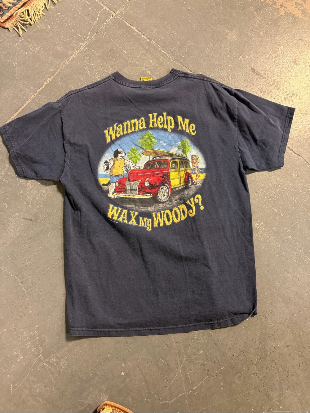 Y2K Big Dogs T-Shirt Mens Size L Navy Blue Graphic Wax My Woody Surf Humor Tee